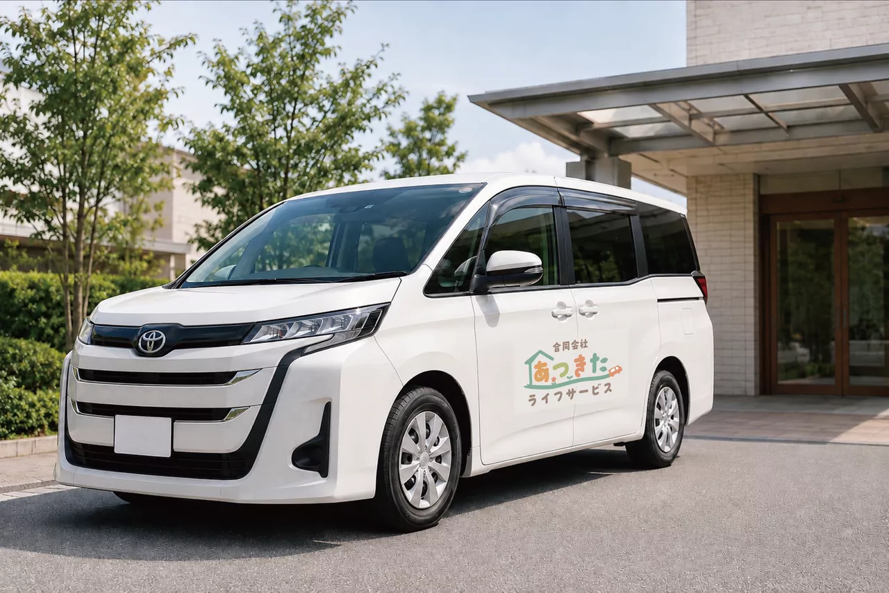 あつきたライフサービスのロゴが入った介護タクシー車両(トヨタ・ノア)